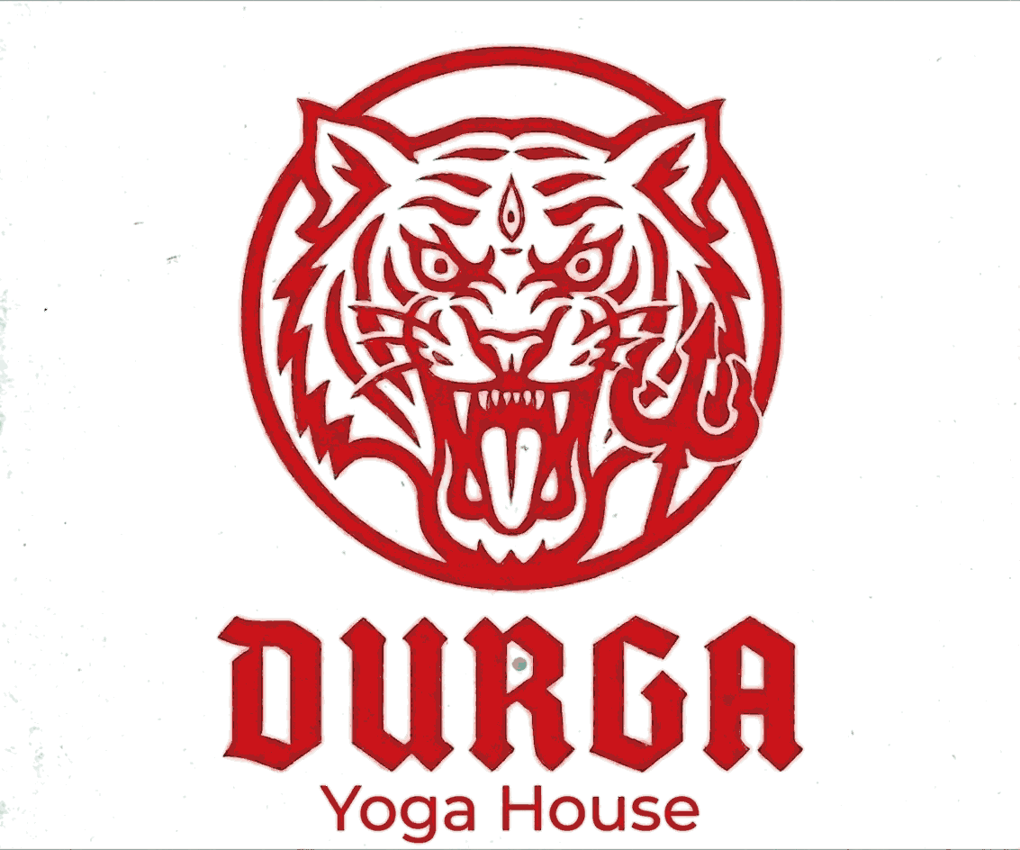 Durga Yoga House logo — a roaring tiger emblem holding a trident, above the Durga Yoga House wordmark